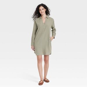 Women's Long Sleeve Popover Mini Shirtdress - Universal Thread Olive Green M